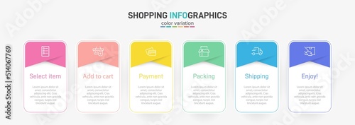 Concept of shopping process with 6 successive steps. Six colorful graphic elements. Timeline design for brochure, presentation, web site. Infographic design layout.