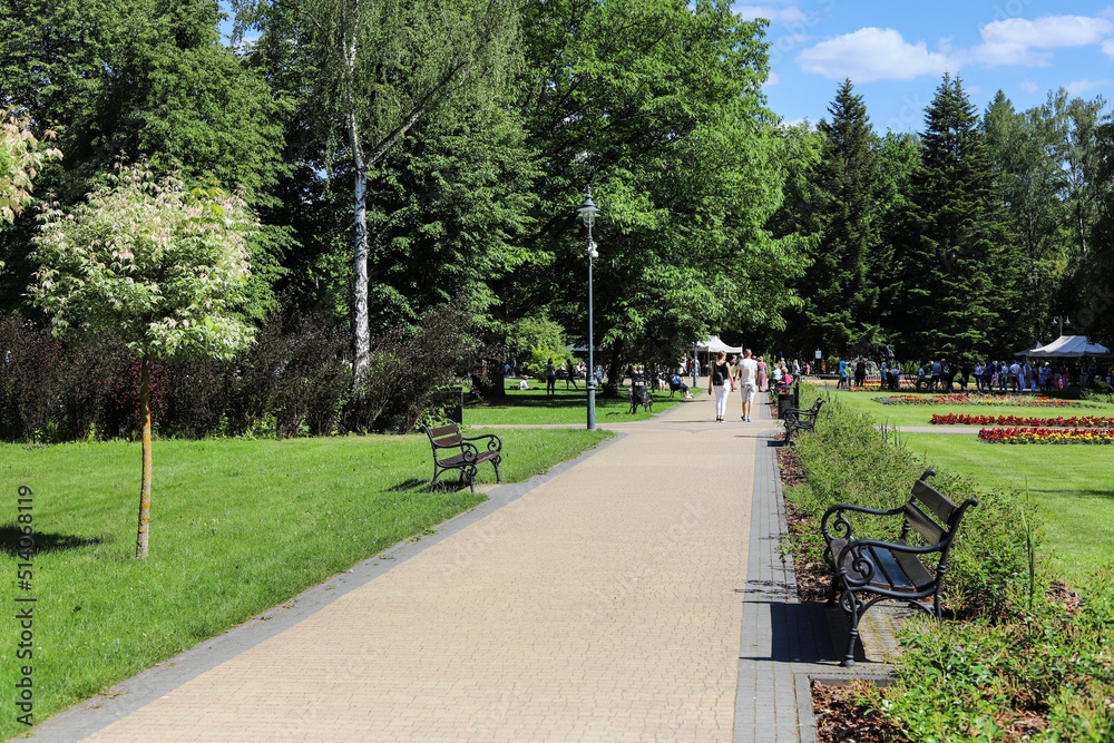RABKA ZDROJ, POLAND - JUNE 18, 2022: A beautiful public park in Rabka-Zdroj, Poland.