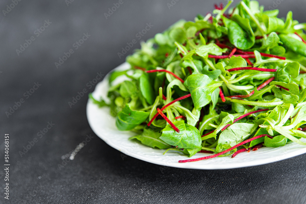 salad beet green leaves mix beetroot, mache leaves, cress fresh healthy meal food snack diet on the table copy space food background salad beet green leaves mix beetroot, mache leaves, cress fresh healthy meal food snack diet on the table copy space food background