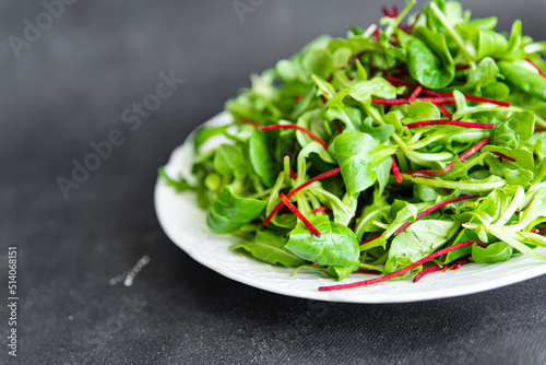 Bild auf Leinwand salad beet green leaves mix beetroot, mache leaves, cress fresh healthy meal foo