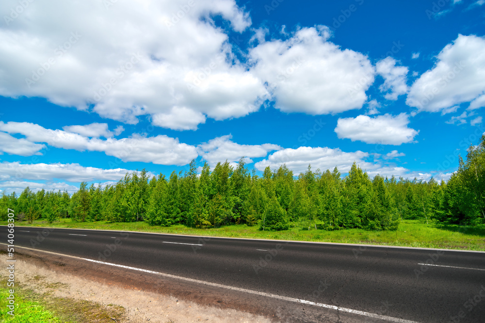 empty asphalt road in forest under cloudy sky mockup place for car..