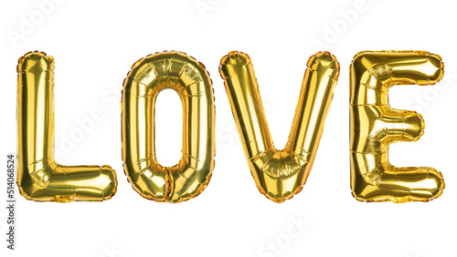 Love. Symbol of love. English Alphabet Letters. Letters L O V E. Balloon. Yellow Gold foil helium balloon. Word good for party, birthday, greeting card, events, advertising. Isolated white background
