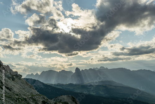 Beautiful day in the Italian Dolomites mountains with lakes and pastures.  