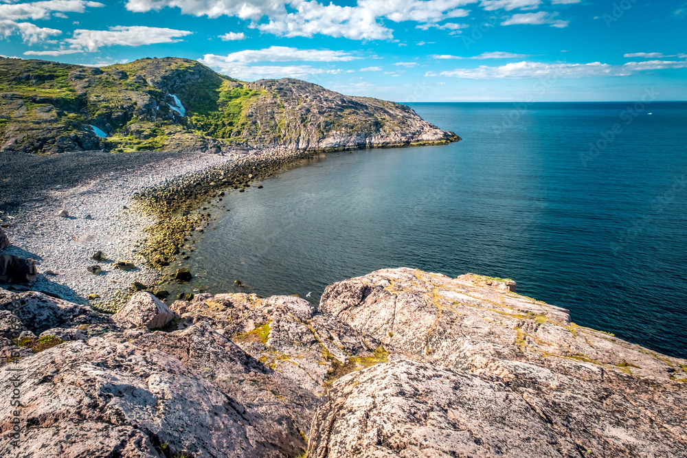 Summer tundra. Rocky coastline of Barents Sea near Teriberka, panoramic aerial view. Scenery of Russian North. Kola Peninsula, Murmansk Oblast, Russia