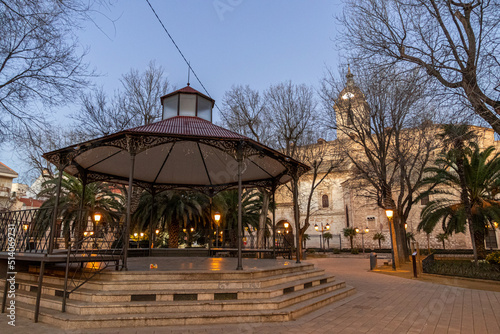 Ciudad Real, Spain. Bandstand with the Catedral de Nuestra Senora del Prado (Our Lady Saint Mary of the Prado Cathedral), a Gothic temple
