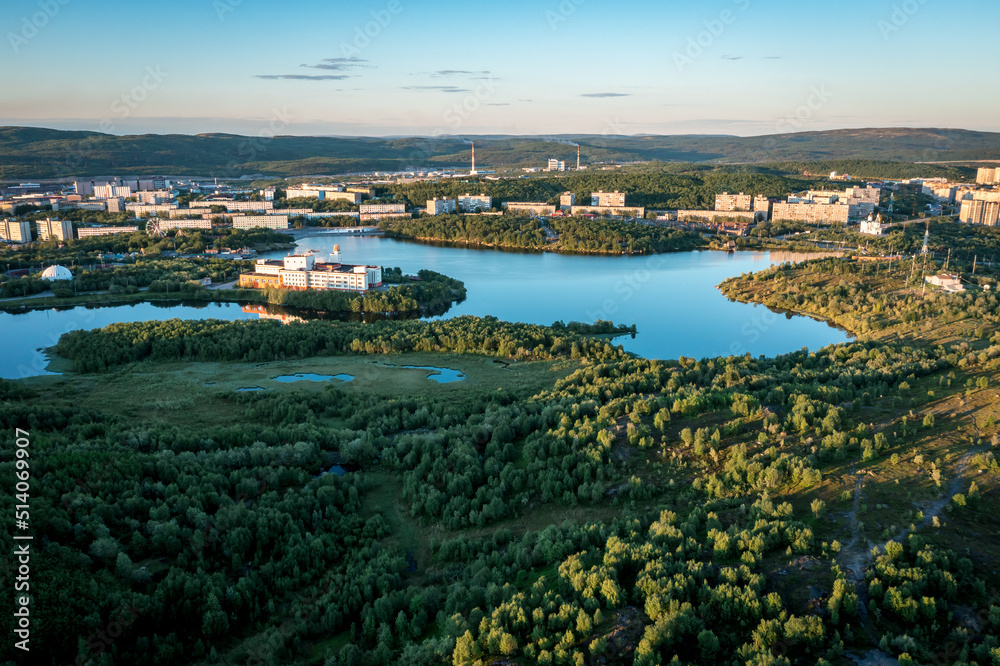 Aerial view of Murmansk in the summer. City beyond the Arctic Circle. Polar day