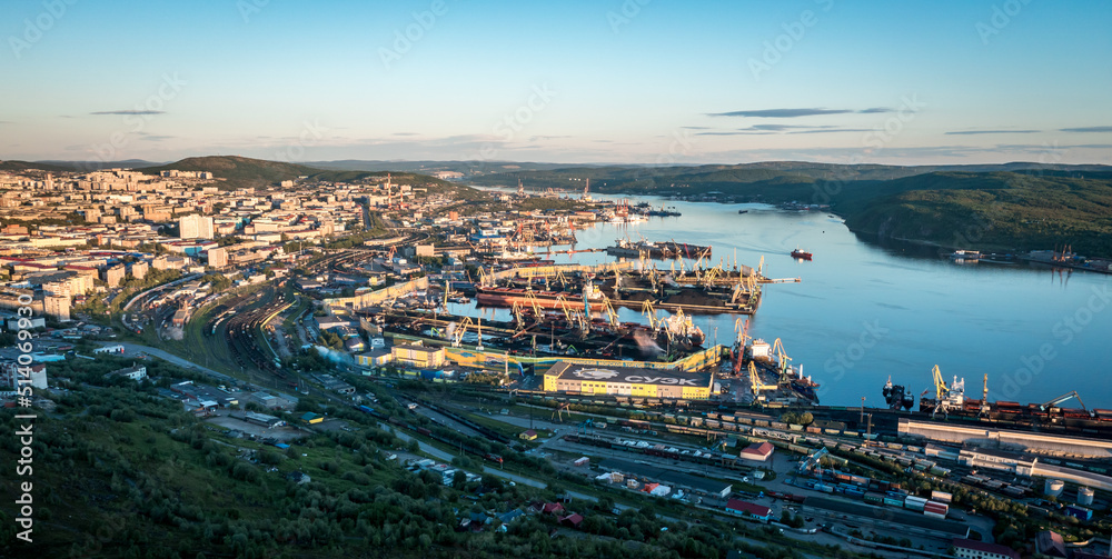 Aerial view of Murmansk in the summer. City beyond the Arctic Circle. Polar day