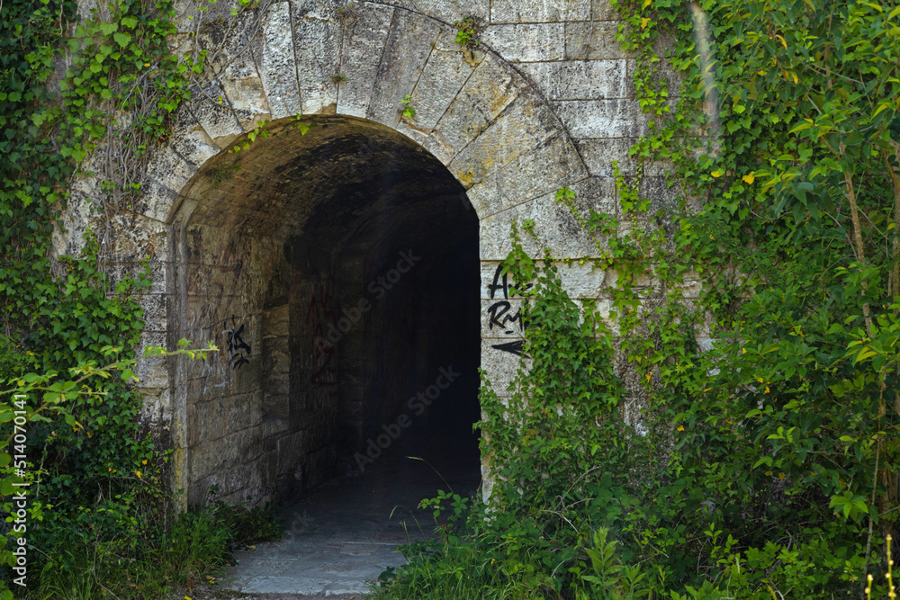 entrance to the ruins of the old austrian Fort Ovina near Pula in Croatia it is a lost place and open for public