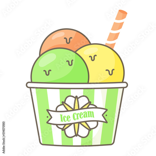 Three colorful scoops of ice cream in a paper striped cup. Vector isolated image in flat style on white background. Cartoon style with outline stroke. The design is suitable for stickers, menus, poste