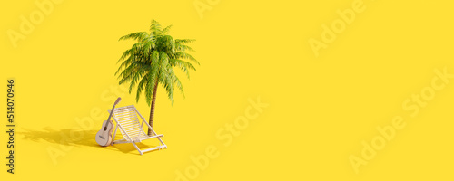 Beach chair and guitar under a palm tree on yellow background. Creative summer vacation concept idea 3D Render 3D illustration