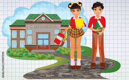 Back to school card, friends classmates boy and girl in school uniform. vector illustration