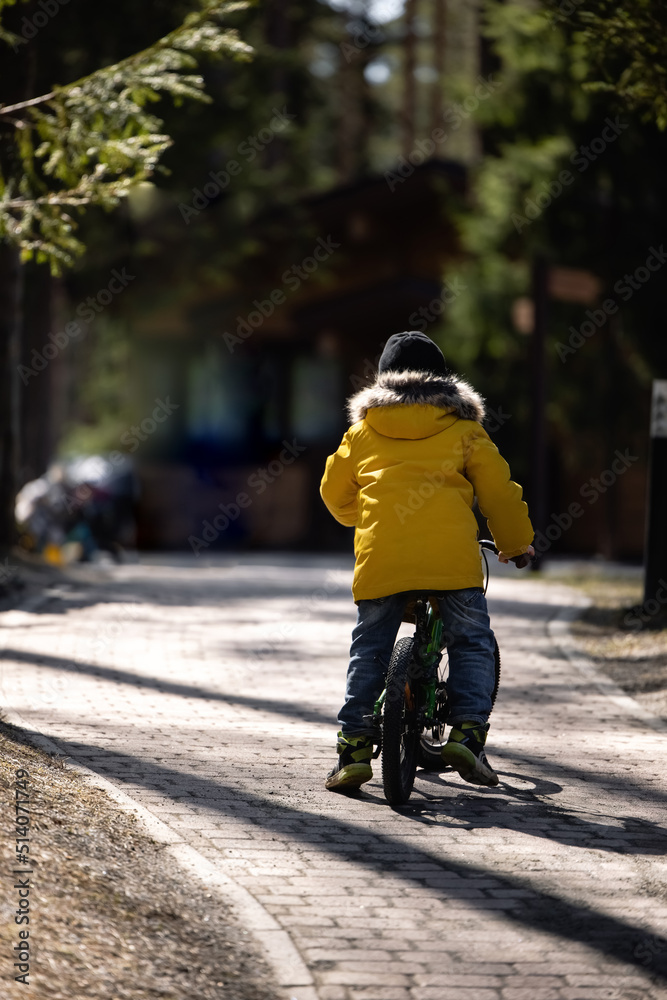 Obraz premium Little boy rides a bicycle on a country road