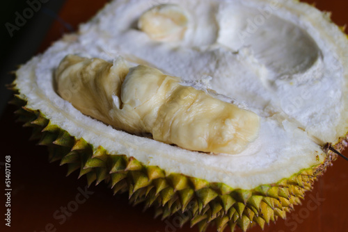 A peeled ripe durian is ready to eat.