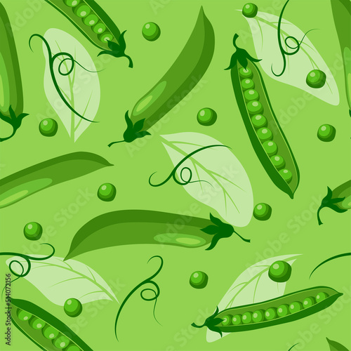 Seamless pattern with green peas, closed pods, open pods, individual peas and leaves. Vector pattern on a green background in a flat style.