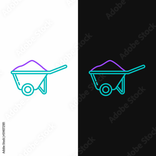 Line Wheelbarrow with dirt icon isolated on white and black background. Tool equipment. Agriculture cart wheel farm. Colorful outline concept. Vector