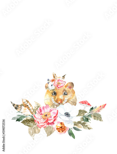 Watercolor woodland animal boho mouse botanical frame isolated cute animal. Nursery woodland illustration. Bohemian boho animals for baby shower invitation, nursery decor, print, greeting card diy