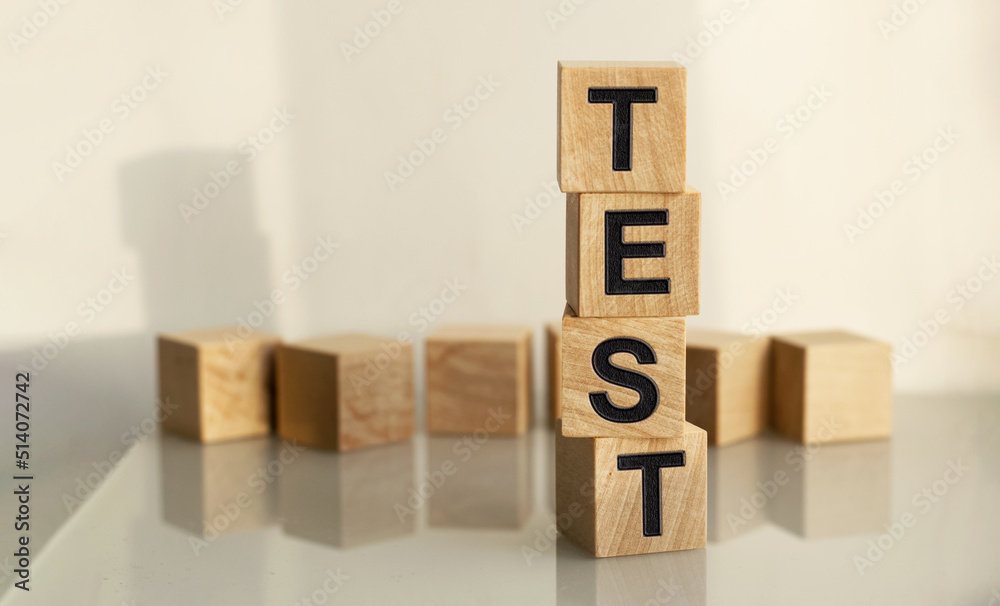The inscription TEST on wooden cubes isolated on a light background, the concept of business and finance. The inscription TEST on wooden cubes isolated on a light background, the concept of business and finance.