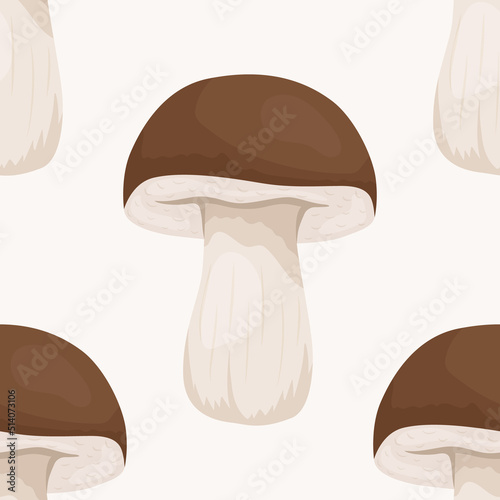 Vector Seamless Pattern with Bolete Mushroom on White. Seamless Texture, Hand Drawn Cartoon Bolete Mushrooms. Design Template for Textile, Wallpaper, Print. Leccinum Scabrum, Penny Bun