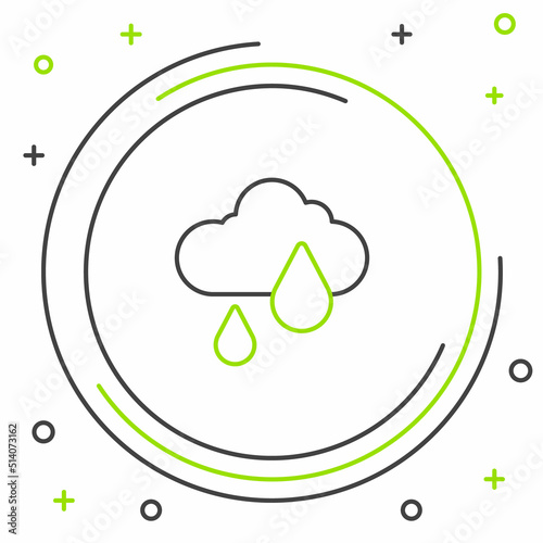 Line Cloud with rain icon isolated on white background. Rain cloud precipitation with rain drops. Colorful outline concept. Vector