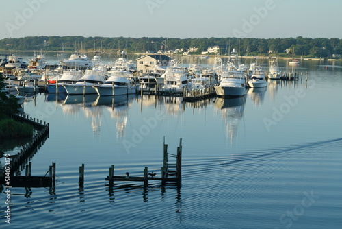 Boats in Hamptons marina with calm water and mirror reflection on summer morning