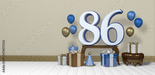 White number 86 with blue border on wooden table surrounded by bright gift boxes and balloons floating on wooden floor in empty room with pastel yellow wall. 3D Illustration photo