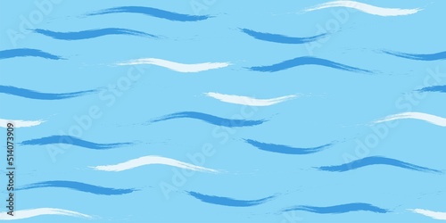 Seamless Wave Pattern, Hand drawn cute water vector background. Watercolor sea brush smears, baby paint lines design