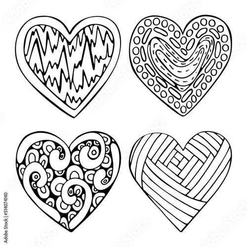 Set hearts doodle line art. Romantic symbol of love with different patterns. Hand drawn vector graphic black and white illustration.