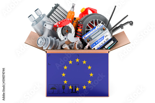 The EU flag painted on the parcel with car parts. 3D rendering