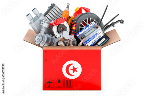 Tunisian flag painted on the parcel with car parts. 3D rendering