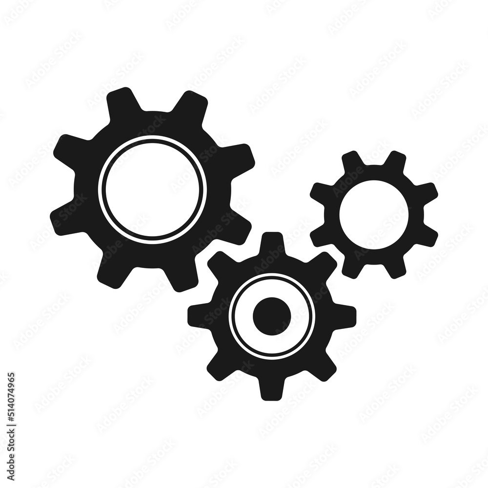 Three gear symbols. Machine mechanism. Silhouette gear wheel icon. Three gear symbols. Machine mechanism. Silhouette gear wheel icon.