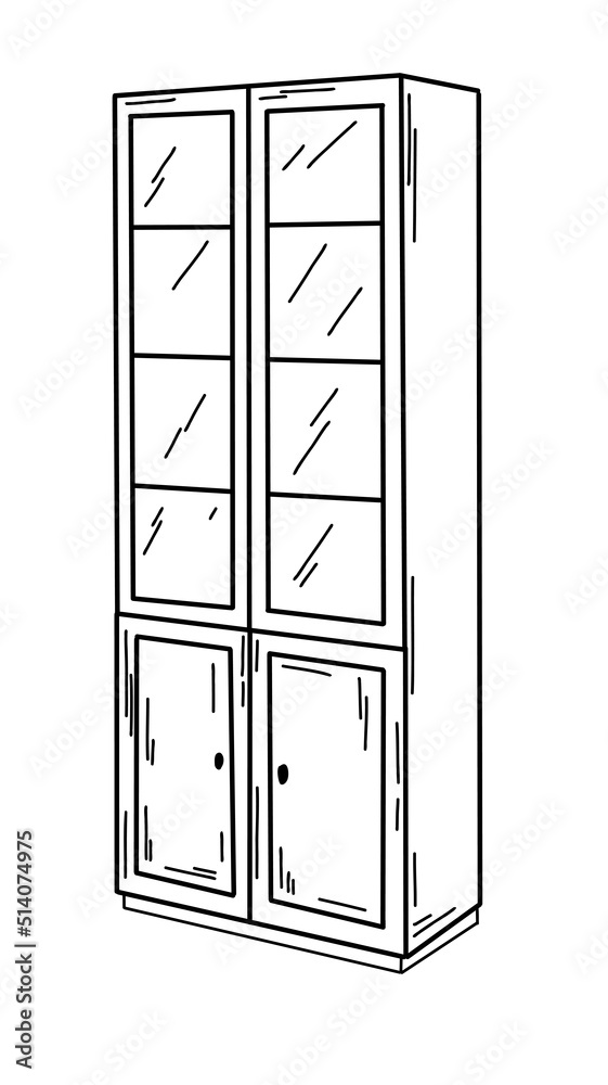 Hand-drawn wardrobe bookcase sideboard, showcase with glass doors in the style of doodle , sketch in black and white. An element of the interior. Hand-drawn wardrobe bookcase sideboard, showcase with glass doors in the style of doodle , sketch in black and white. An element of the interior.