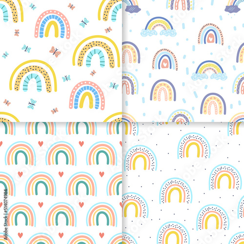 Abstract rainbow hand drawn seamless pattern set