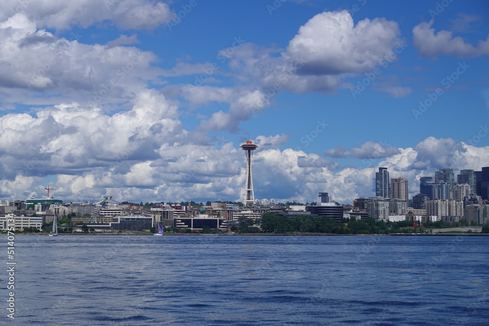 Downtown Seattle, Washington, United States of America. View of the Modern City on the Pacific Ocean Coast. Cloudy Blue Sky.