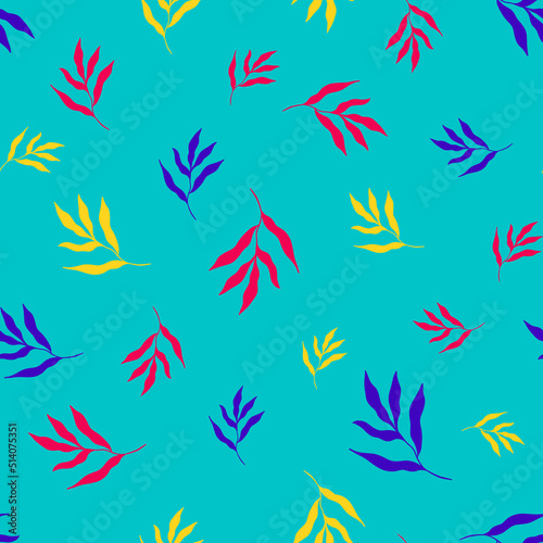 Vector illustration of bright multicolored leaves of tropical plants forming seamless pattern on blue background