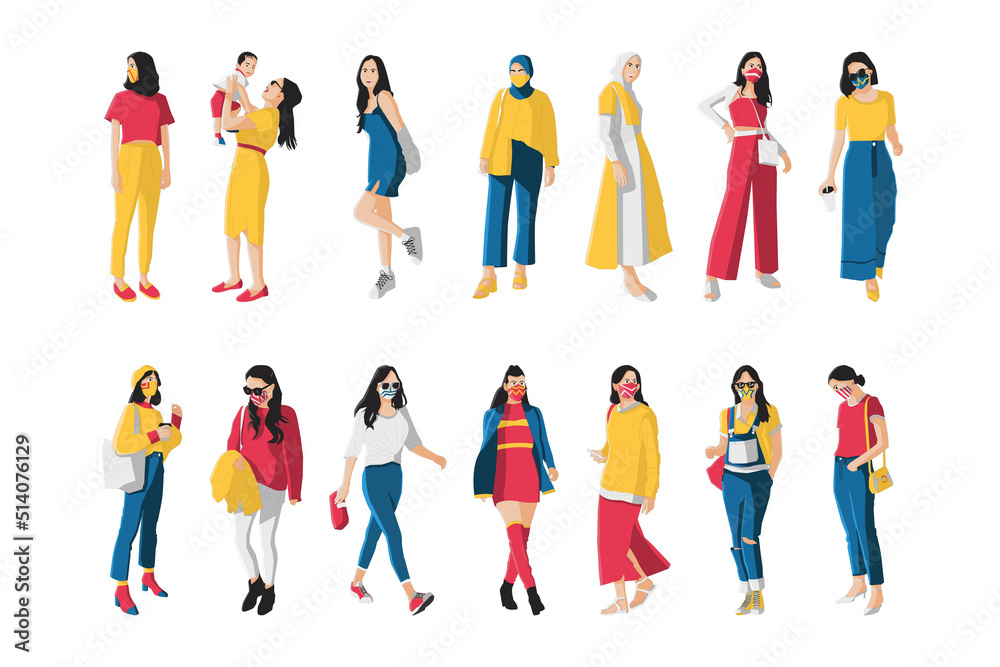 Set of stylish modern women in fashion clothes. Collection of people in fashionable urban clothes with white background. Set of colorful women. 