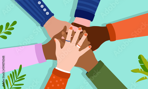 Colourful diversity - Team of diverse people putting their hands together in unity. Hands with different colour flat design vector illustration