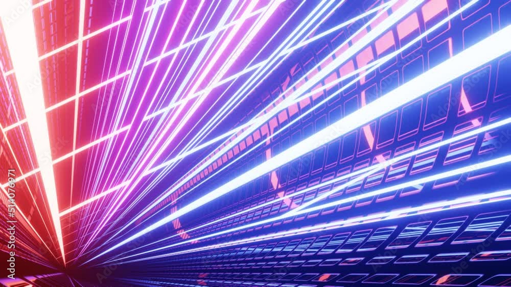Hi-tech neon sci-fi tunel. Trendy neon glow lines form pattern and construction in mirror tunnel. Fly through technology cyberspace. 3d looped seamless 4k bright youth background.