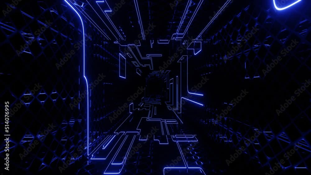 Hi-tech blue neon sci-fi tunel. Trendy neon glow lines form pattern and construction in mirror tunnel. Fly through technology cyberspace. Glow lines form sci-fi pattern. 3d looped seamless 4k bg.