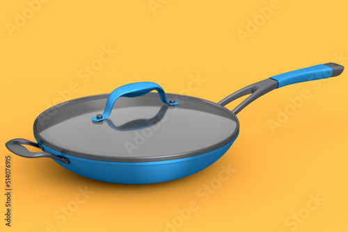 Frying pan with glass lid on yellow background, non-stick kitchen utensils