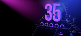 Solid number 35 on a reflective black stage illuminated with blue and red lights against a black background. 3D Illustration
