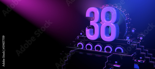 Solid number 38 on a reflective black stage illuminated with blue and red lights against a black background. 3D Illustration photo