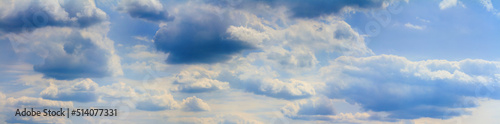 Blue sky landscape with white clouds, huge panorama. Horizontal banner with free copy space for text