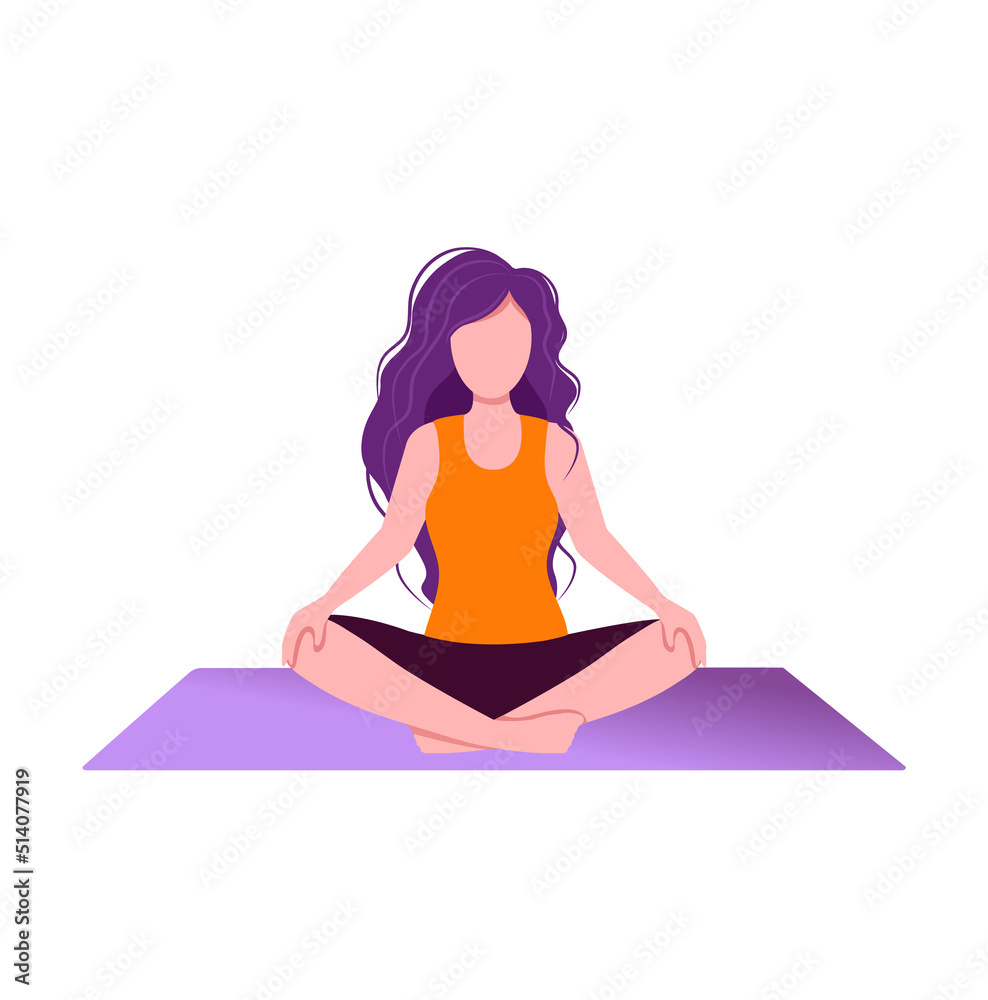 Amazing cartoon girl in yoga lotus pose with. Practicing yoga. Vector illustration. Young and happy woman meditates