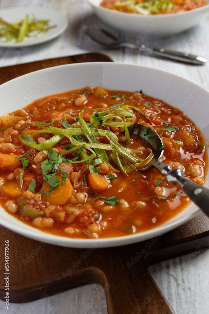Bean stew with leeks, carrots and tomatoes. Garnished with fried strips of leek. Bean stew with leeks, carrots and tomatoes. Garnished with fried strips of leek.