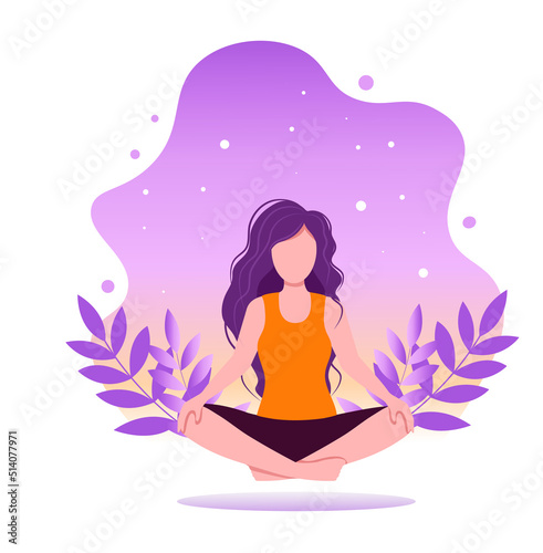 Amazing cartoon girl in yoga lotus pose with. Practicing yoga. Vector illustration. Young and happy woman meditates