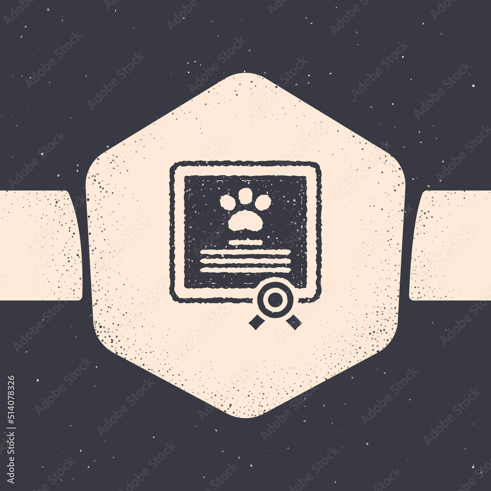 Grunge Medical certificate for travel with dog or cat icon isolated on grey background. Document for pet. Dog or cat paw print. Monochrome vintage drawing. Vector