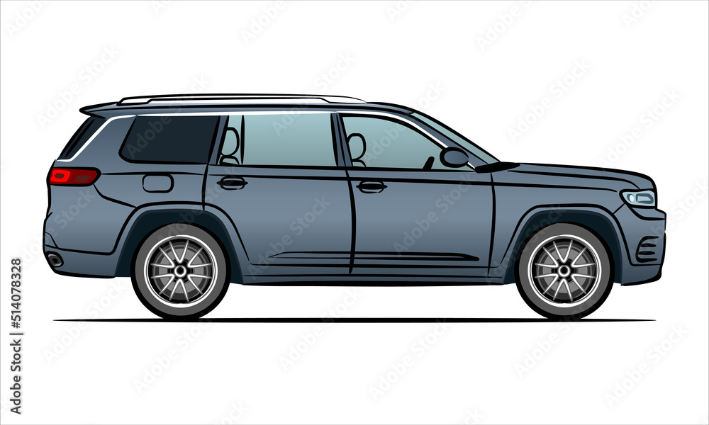 Modern suv car abstract silhouette on white background.  A hand drawn line art of a sedan car. Side view of a crossover vehicle isolated on white background.