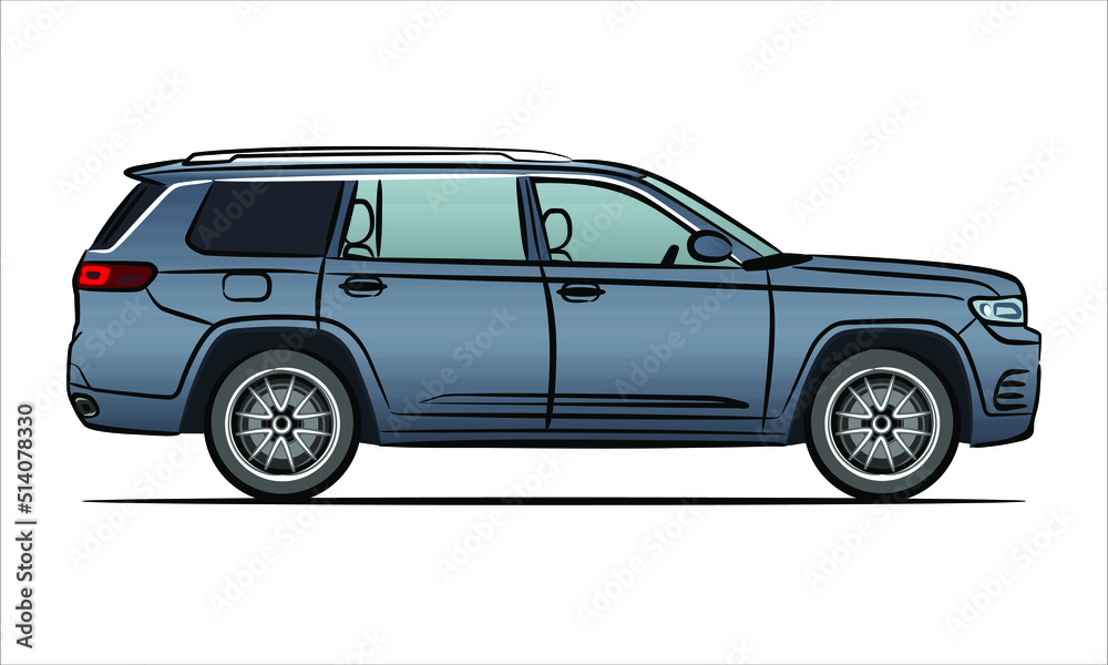 Modern suv car abstract silhouette on white background.  A hand drawn line art of a sedan car. Side view of a crossover vehicle isolated on white background.