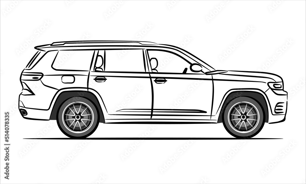 Modern suv car abstract silhouette on white background.  A hand drawn line art of a sedan car. Side view of a crossover vehicle isolated on white background. 
