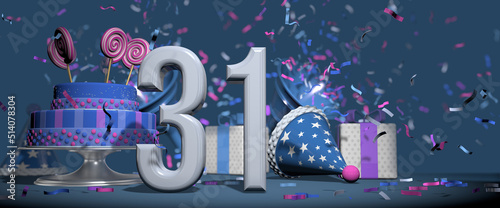 Solid white number 31 in the foreground, birthday cake decorated with candies, gifts and party hat with confetti ejecting bugles, against dark blue background. 3D Illustration